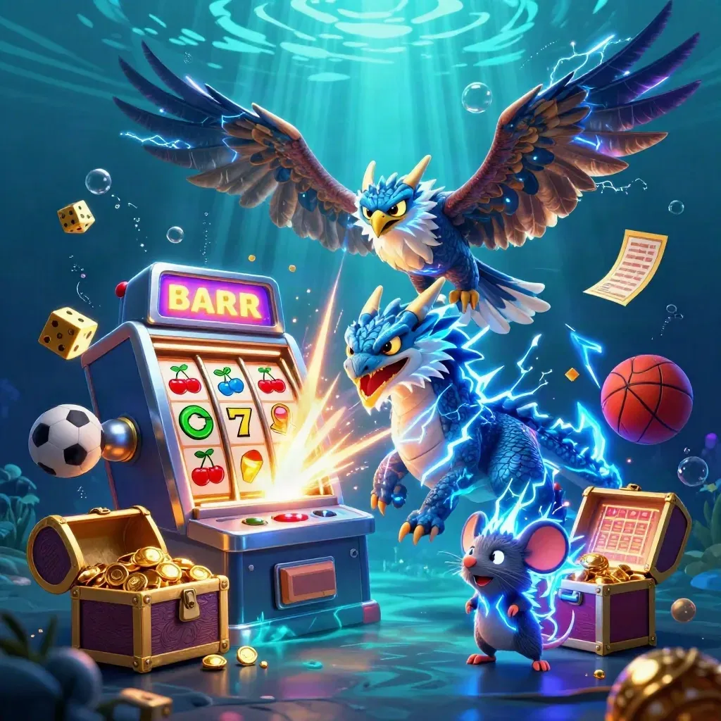 Thunder dragon, hawk and mouse amid casino loot, balls and lightning in a teal-gold underwater burst.