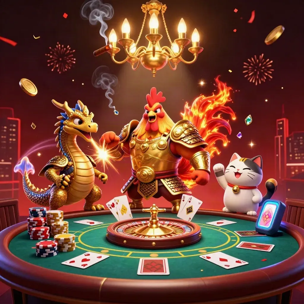 Samurai rooster, dragon hatchling, and fortune cat in a glowing casino room with coins and roulette wheel