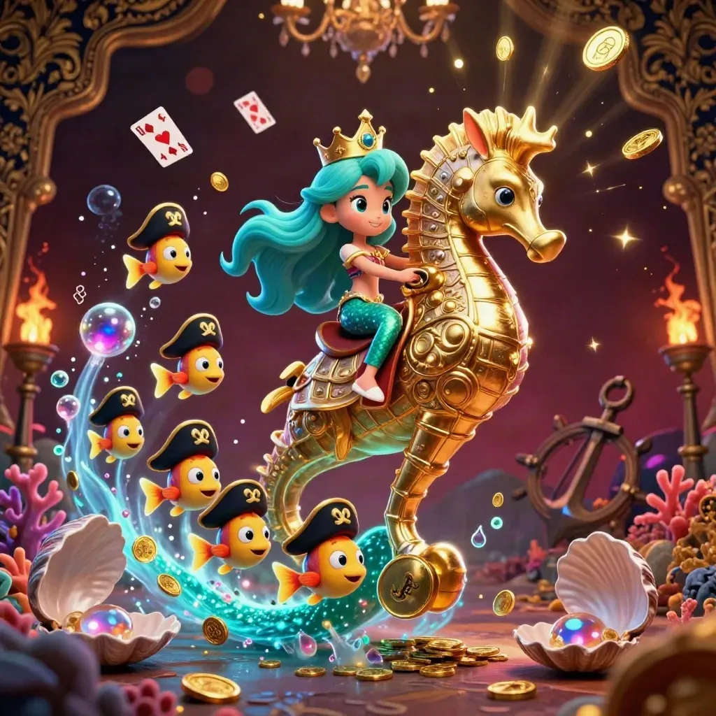 Mermaid princess rides an armored seahorse as coins, gems, and pirate fish burst through a dark treasure cove