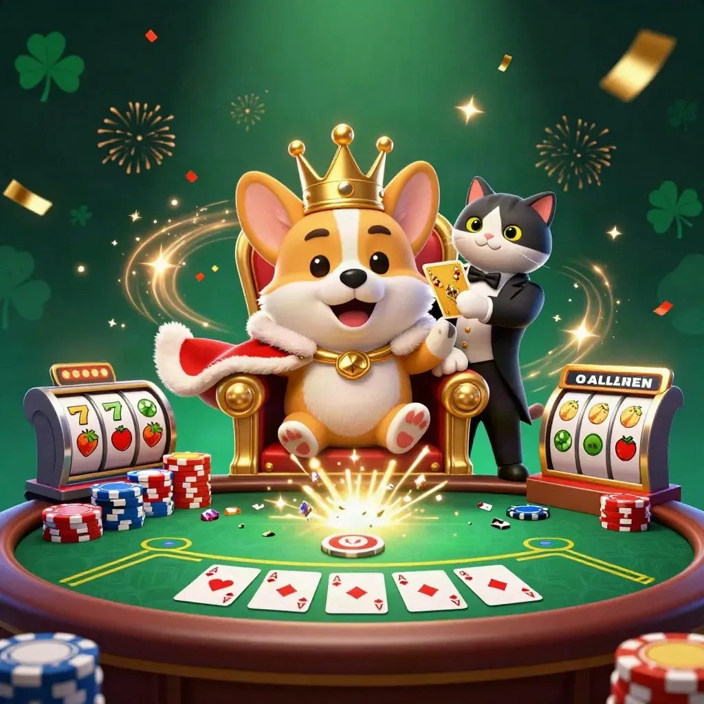 Royal corgi and cat butler amid chips, cards, reels, and teal magic in a dark emerald casino scene.