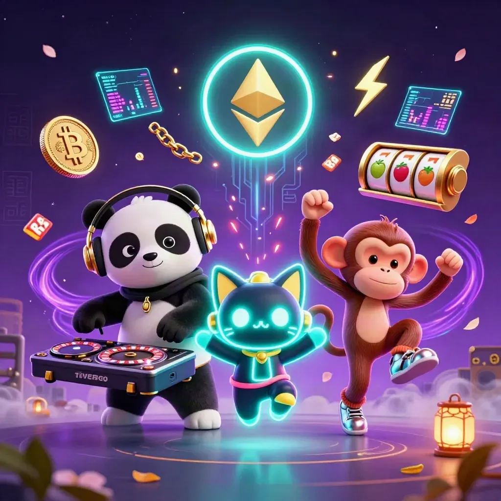 DJ panda, dancing monkey, and rave kitten amid casino and crypto effects in neon teal glow.