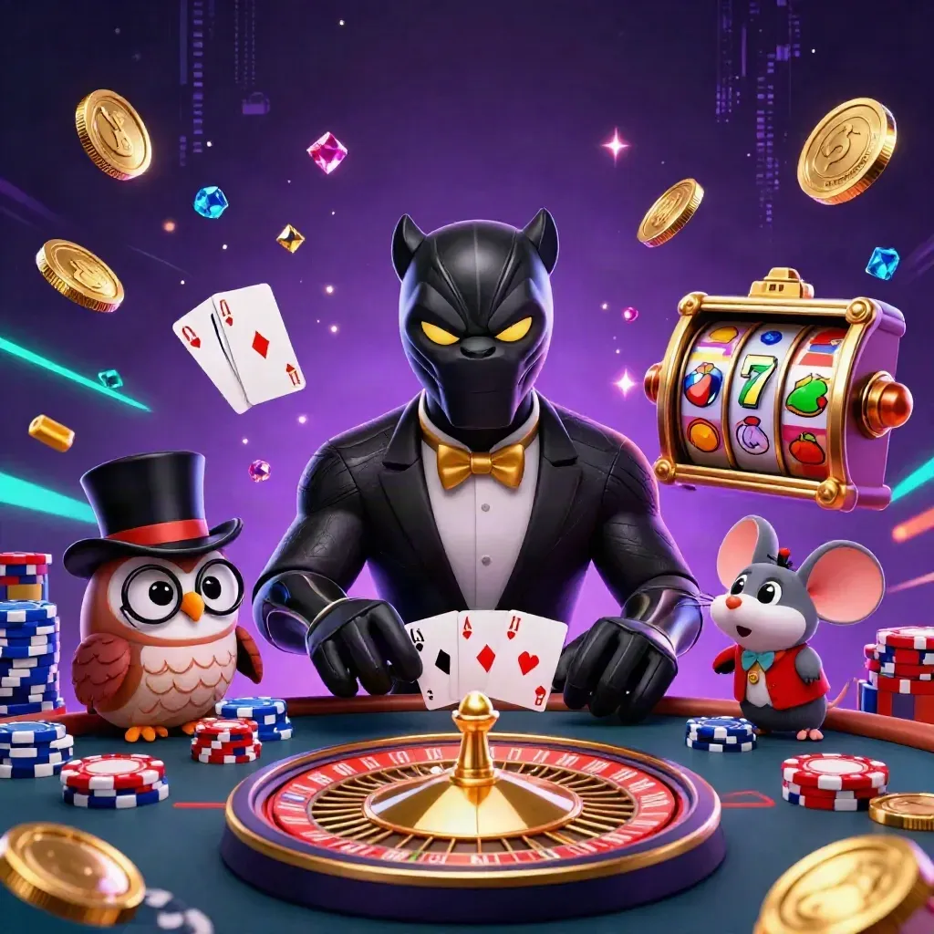 Panther, owl, and mouse casino heroes amid coins, chips, neon teal bursts, and a spinning roulette wheel.