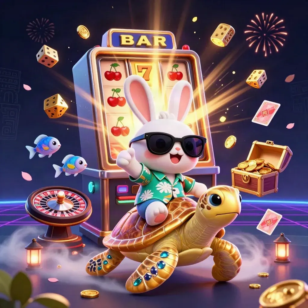 Lucky rabbit rides a golden turtle amid slot jackpots, coins, dice and casino lights.