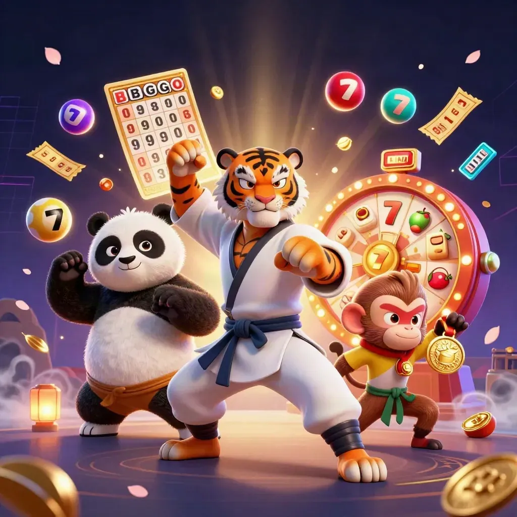 Kung-fu tiger, panda, and monkey amid casino symbols, neon grid, petals, and glowing gold effects.