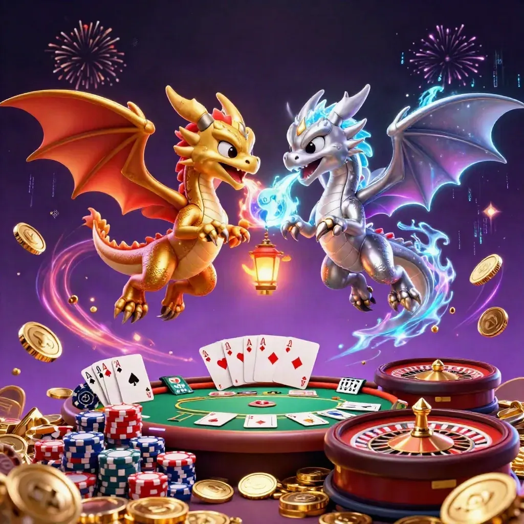 Gold and silver dragons burst from a vault with coins, chips, cards, roulette, and fireworks.