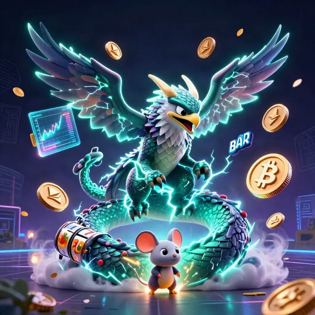 Thunder dragon, hawk, and mouse amid casino coins, lightning, reels, and neon effects.