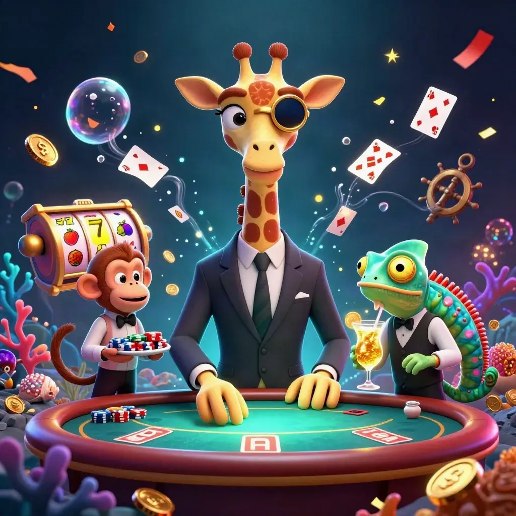 Giraffe, monkey, and chameleon at a glowing casino table amid treasure, cards, and slot icons.